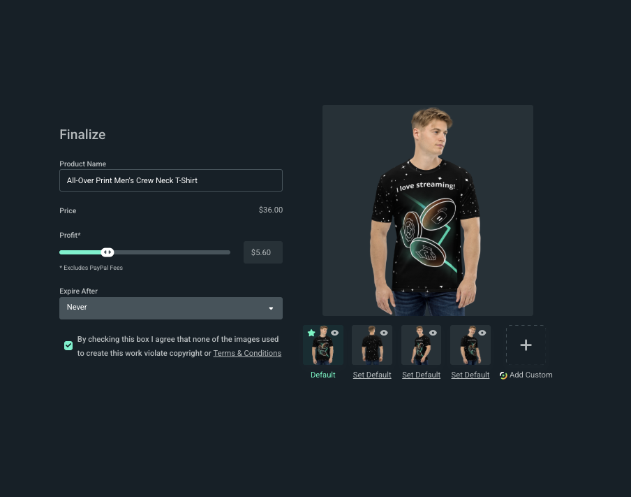 Finalize screen where you choose the product name, price, profit, expiration date, and the default images of the product you want to show in your merch store.